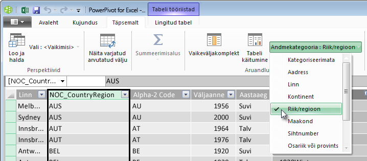 Andmekategooriad Power Pivotis