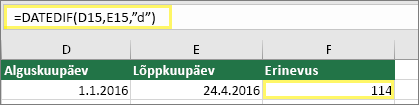 Lahter D15 väärtusega 1/1/2016, lahter E15 väärtusega 4/24/2016, lahter F15 valemiga =DATEDIF(D15,E15,"d") ja tulemiga 114