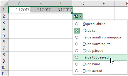 Täitepideme abil järjestikuste kuupäevade loendi loomine