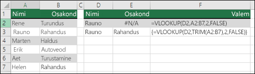 Algus- ja lõputühikute eemaldamiseks massiivivalemis funktsiooni VLOOKUP koos funktsiooniga TRIM kasutamine.  Valem lahtris E3 on {=VLOOKUP(D2,TRIM(A2:B7),2,FALSE)} ja tuleb sisestada klahvikominatsiooniga CTRL+SHIFT+ENTER.