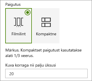 Paigutuse valimine sündmuste veebiosa atribuudipaanil.