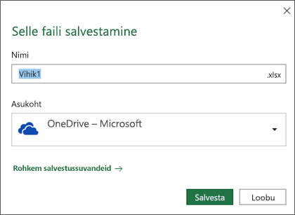 Teenusekomplekti Office 365 Microsoft Exceli dialoogiboks Salvestamine