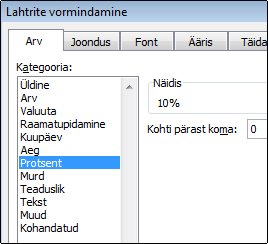 Dialoogiboksi Lahtrite vormindamine kategooria Protsent