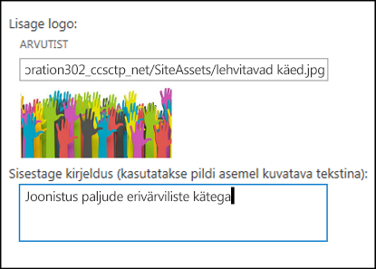 SharePoint Online’i uue saidi tiitli- ja logo dialoogioks, kus kuvatakse, kuidas luua logopildi aseteksti