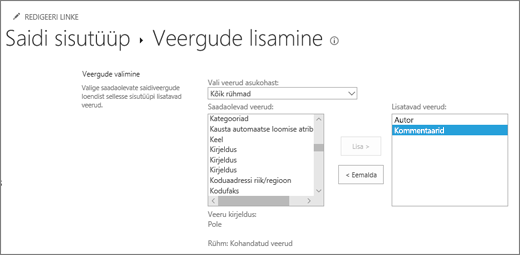 Olemasolevate veergude lisamine sisutüübile