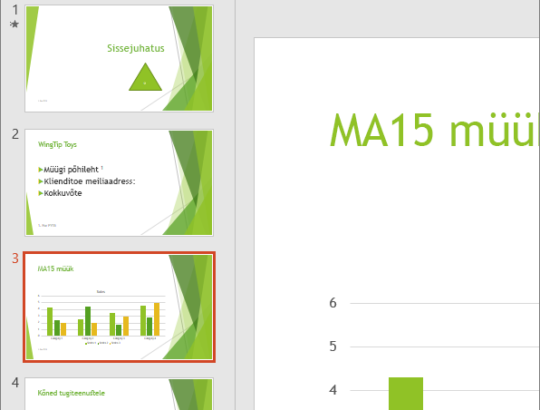 Näitab PowerPointis slaidipaani, kus on valitud kolmas slaid