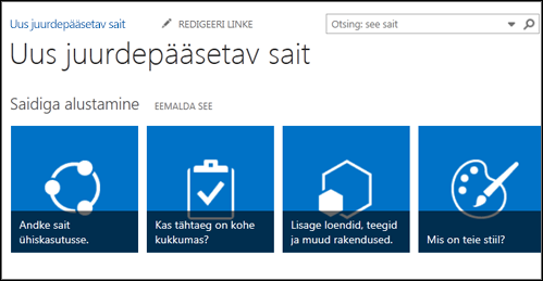 Uue SharePointi saidi kuvatõmmis saidi kohandamiseks kasutatavate paanidega