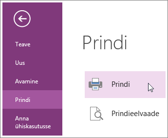 OneNote’i lehti saate printida menüü Prindi kaudu