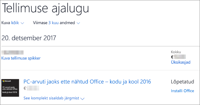 Kuvatakse Microsoft Store'i leht Tellimuse ajalugu