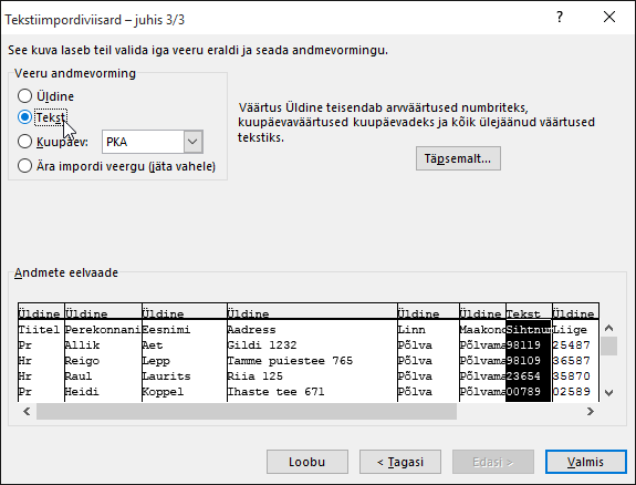 Tekstiimpordiviisardis on veeru andmevormingu suvand Tekst esile tõstetud.