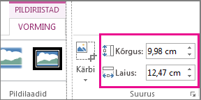 Menüü Pildiriistad alammenüü Vorming väljad Kõrgus ja Laius