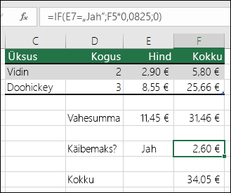 Lahtris F7 on järgmine valem: =IF(E7=„Jah”;F5*0,0825;0)