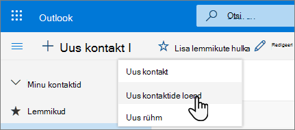 Kuvatõmmis menüüst Uus kontakt, kus on valitud uus kontaktiloend