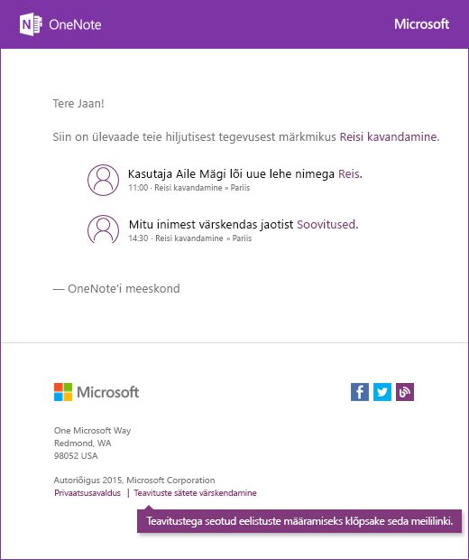 OneNote'i näidisteatise meilisõnum