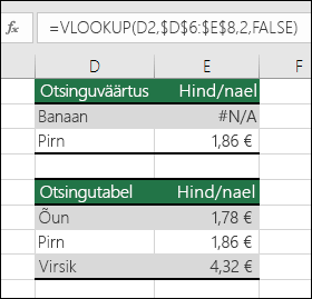 Otsinguväärtust pole olemas.  Valem lahtris E2 on =VLOOKUP(D2,$D$6:$E$8,2,FALSE).  Väärtust Banaan ei saa leida, seega tagastab valem tõrke #N/A.