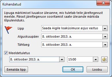 Dialoogiboks Kohandatud meeldetuletuste ja alguskuupäevade ning tähtaegade määramiseks.