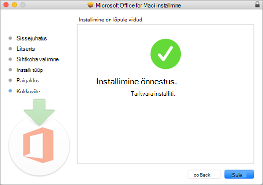 Kuvab installitoimingu lõpulehe, mis näitab, et installimine õnnestus.