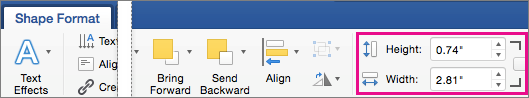 On the Shape Format tab, the Height and Width boxes are highlighted.