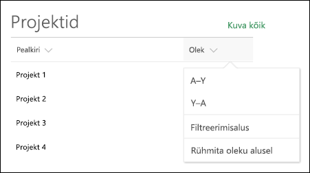 Loendi veebiosa sortimis-, filtreerimis- ja rühmamenüü abil