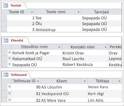 Tabelite Tooted, Kliendid ja Tellimused lõiked