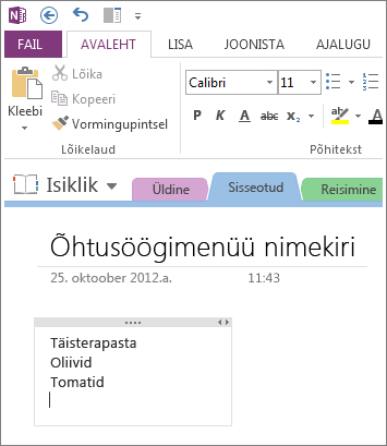 OneNote'is märkmete tippimiseks klõpsake soovitud kohta.