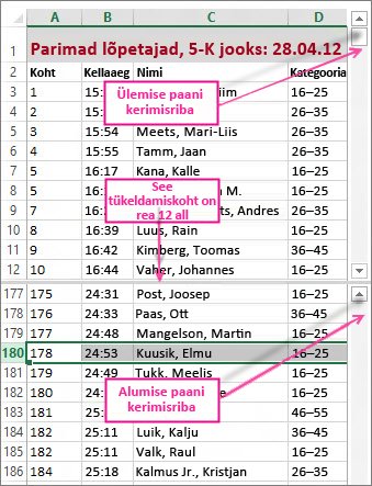 Tükeldamise kasutamine kahe piirkonna ridade vaatamiseks