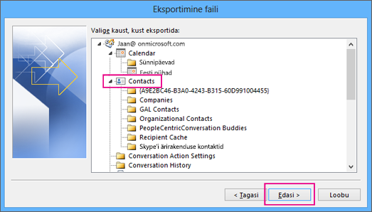 Liikuge kerides üles ja valige seejärel eksporditav kontaktikaust.