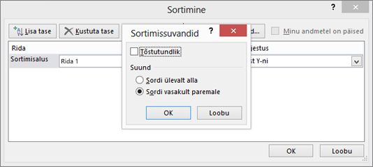 Klõpsake dialoogiboksis Sortimissuvandid valikut Vasakult paremale.