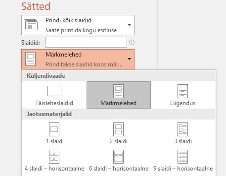 Märkmete printimise suvandi kuvatõmmis