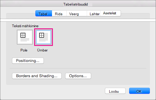 Teksti mähkimiseks valitud tabeli ümber klõpsake nuppu Ümber.