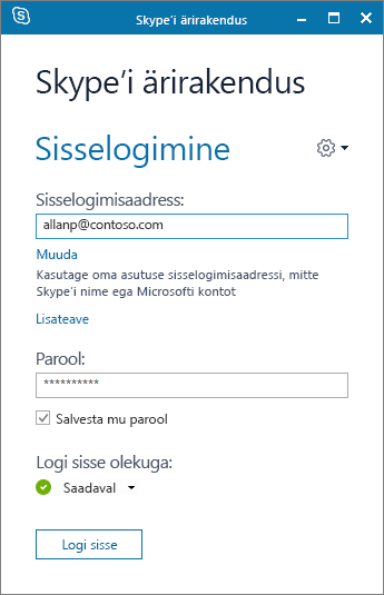 Skype’i ärirakenduse sisselogimiskuva kuvatõmmis.