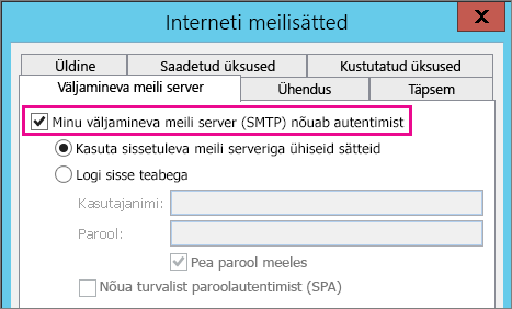 Valige minu Väljamineva meili server nõuab autentimist.