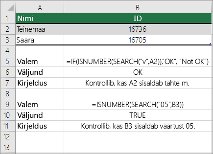 Näited IF, ISNUMBER ja SEARCH