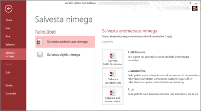 Kuva Nimega salvestamine andmebaasina salvestamise suvandid