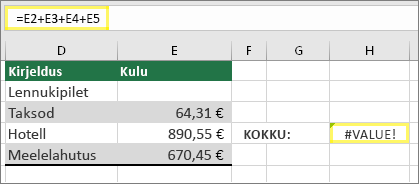 Lahter H4 valemiga =E2+E3+E4+E5 ja tulemiga #VALUE!