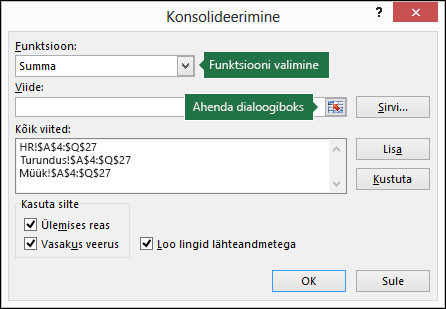 Dialoogiboks Andmete konsolideerimine