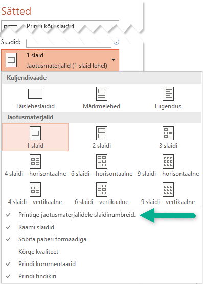 Printige jaotusmaterjalidele slaidinumbreid.