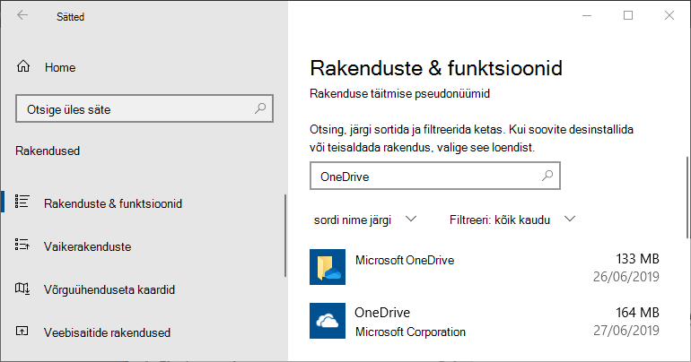 OneDrive Windowsi rakenduse sätetes