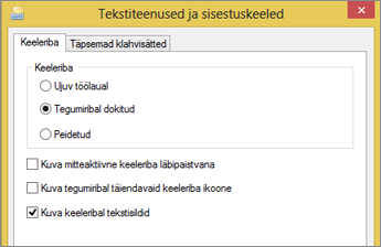 Opsüsteemi Windows 8 rakendusekomplekti Office 2016 dialoogiboks Tekstiteenused ja sisestuskeeled