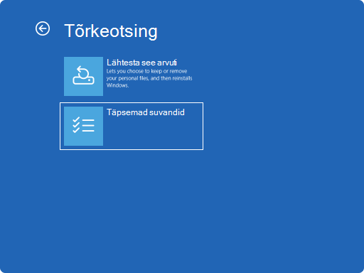 Kuvatõmmis Windows RE-st – tõrkeotsing.