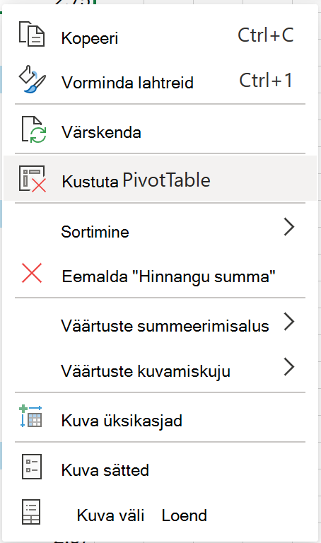 Kustutage PivotTable-liigendtabel veebikontekstimenüüst.