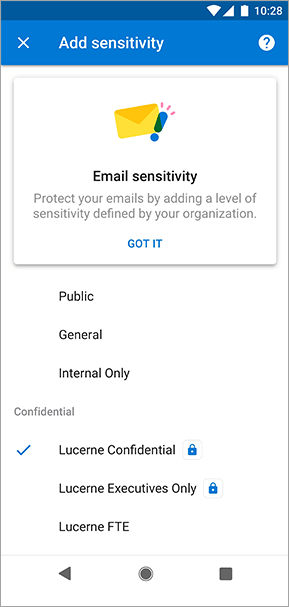 Screenshot of sensitivity labels in Outlook for Android