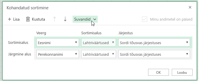 Kohandatud sortimise dialoogiboks, kus on valitud raadionupp