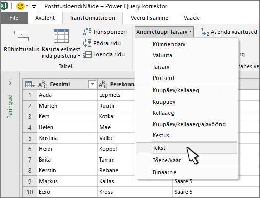 Power Query aken, kus on valitud tekst