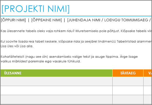 Vana projektitoimingute loendi mall, mille vähim fondisuurus on 8,5 punkti.