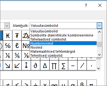 Murdude ja muude matemaatiliste sümbolite kuvamiseks valige dialoogiboksis „Alamhulk“ valik „Numbrivormid“