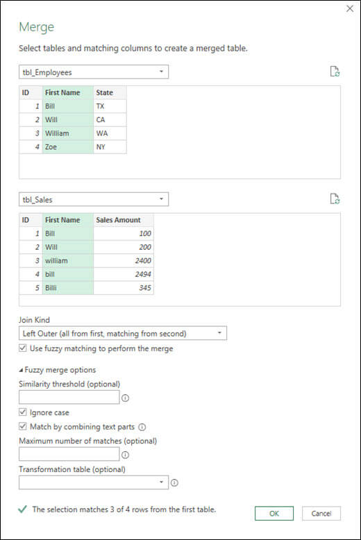 Power Query hägusa ühendamise suvandid