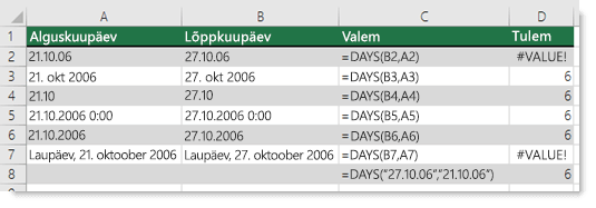 Mitmesuguste DAYS-funktsioonide väljundid