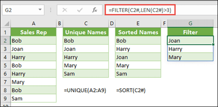 Ülevoolanud vahemiku tehtemärk (#) tervele ülevoolanud massiivivahemikule viitamiseks funktsiooniga =FILTER(C2#,LEN(C2#)>3)