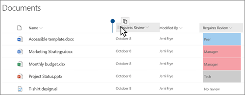 SharePoint Online ' i vaates dokumenditeek, kus on näha, kuidas lohistatakse veerg ühest kohast teise